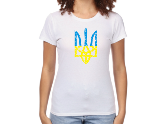 PRE-ORDER Woman T-shirt with the print Blue and yellow trident Ukrainian coat of arms (gerb)
